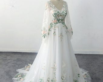 Puff Sleeve Wedding Dress Forest Fairy Wedding Dress,  Green Lace Wedding V-neck backless sexy wedding dress