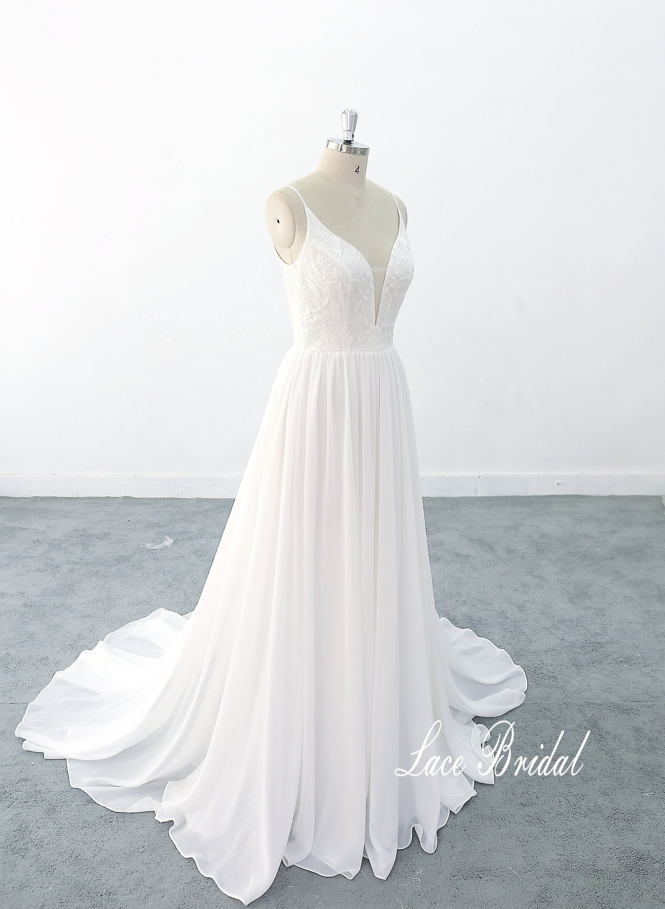 Simple Ivory A-line Chiffon Lace Wedding Dress, Spaghetti Straps Wedding Dress with Deep Neckline