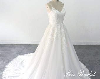 Custom A-Line Tulle Lace Wedding Dress, Spaghetti Strap Bridal Gown