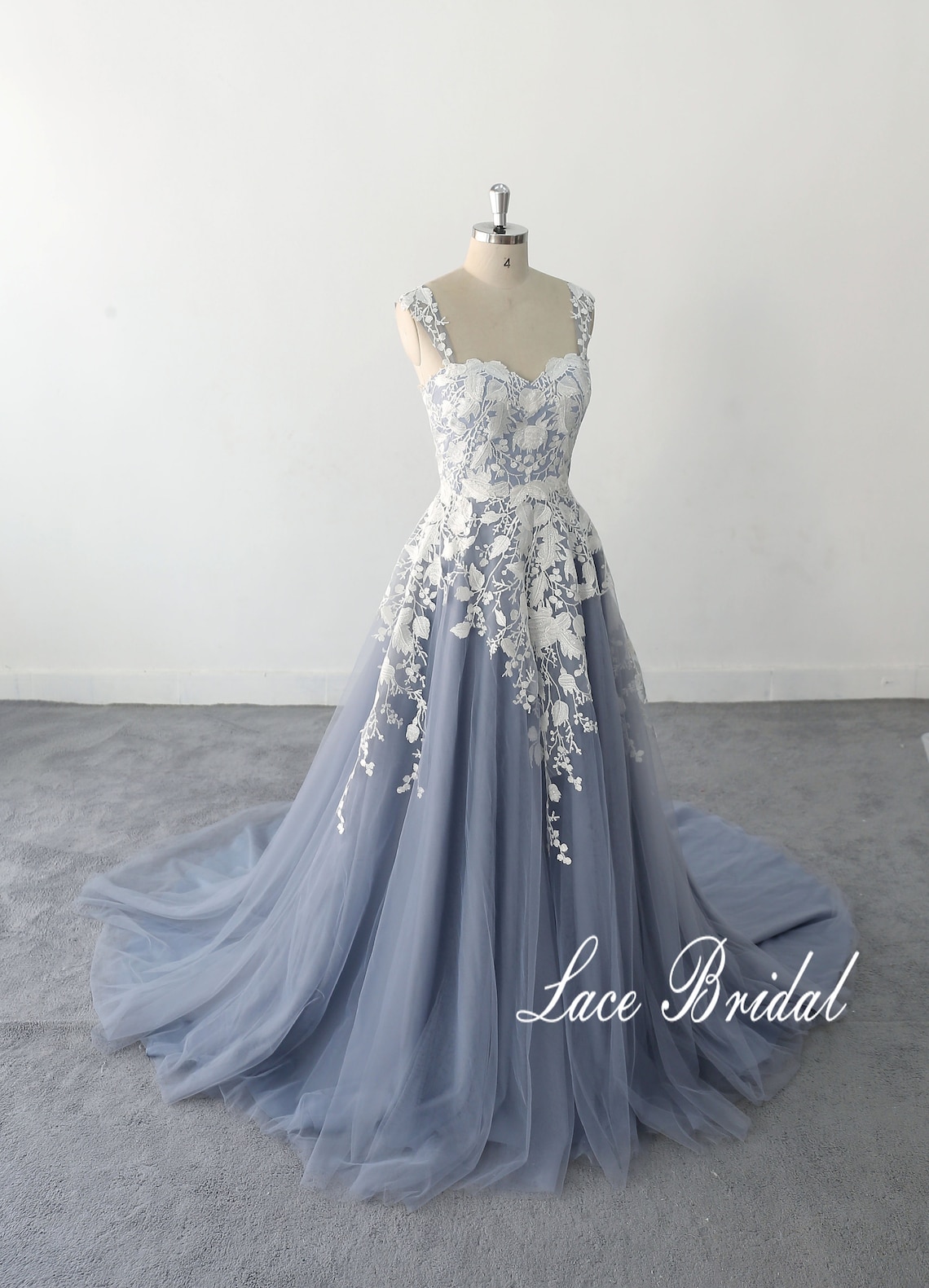 evening dress Bohomian wedding Gown A-line Dusty Blue Tulle image 1