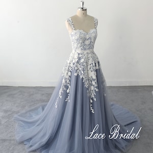 evening dress Bohomian wedding Gown  A-line Dusty Blue Tulle Lace wedding dress Double strap wedding dress