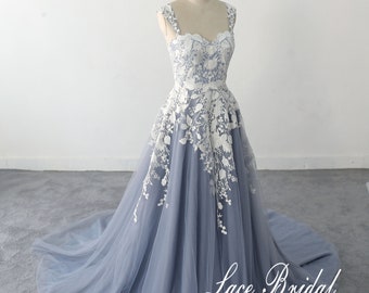 evening dress Bohomian wedding Gown  A-line Dusty Blue Tulle Lace wedding dress Double strap wedding dress