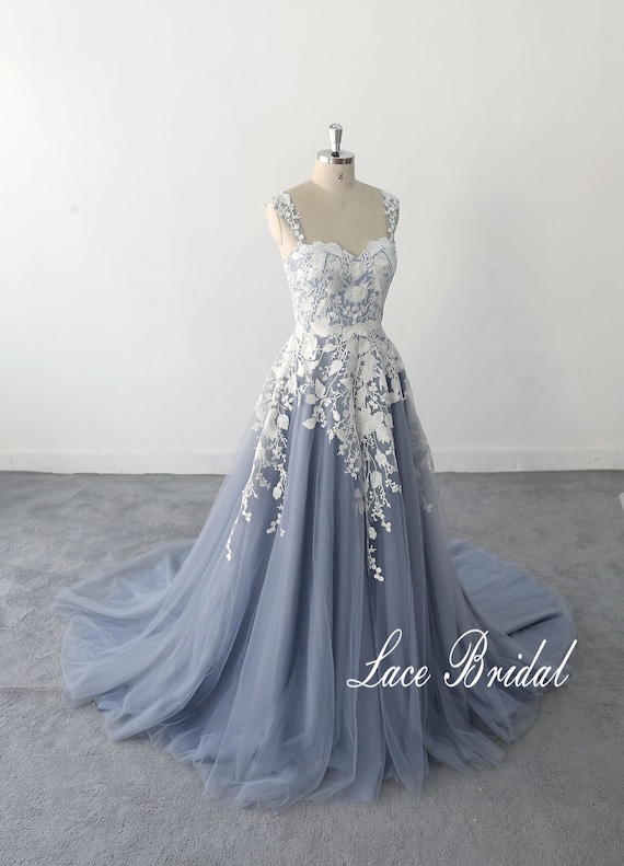 Dusty Blue Lace Wedding Dress, Bohemian Tulle A-line Gown Double-strap  Custom Dress - Etsy