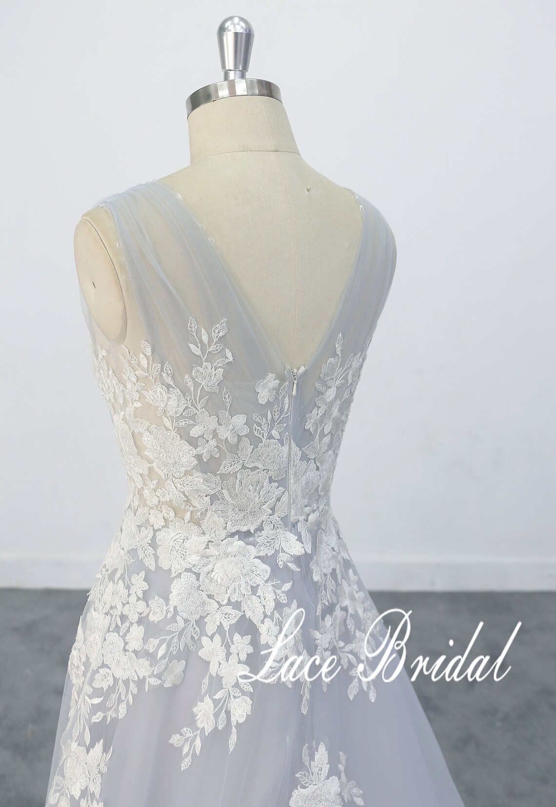 Light Blue Boho Wedding Dress With Floral Lace Applique V Back Etsy