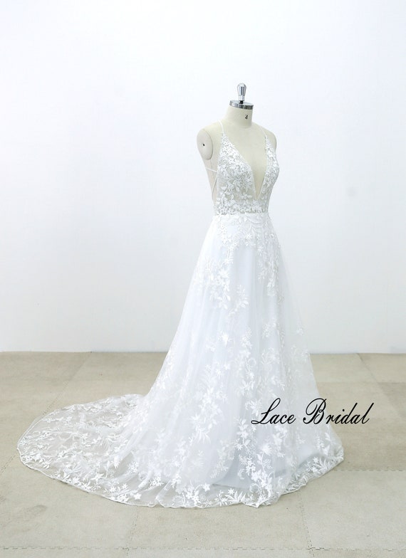 plunging neckline lace wedding dress