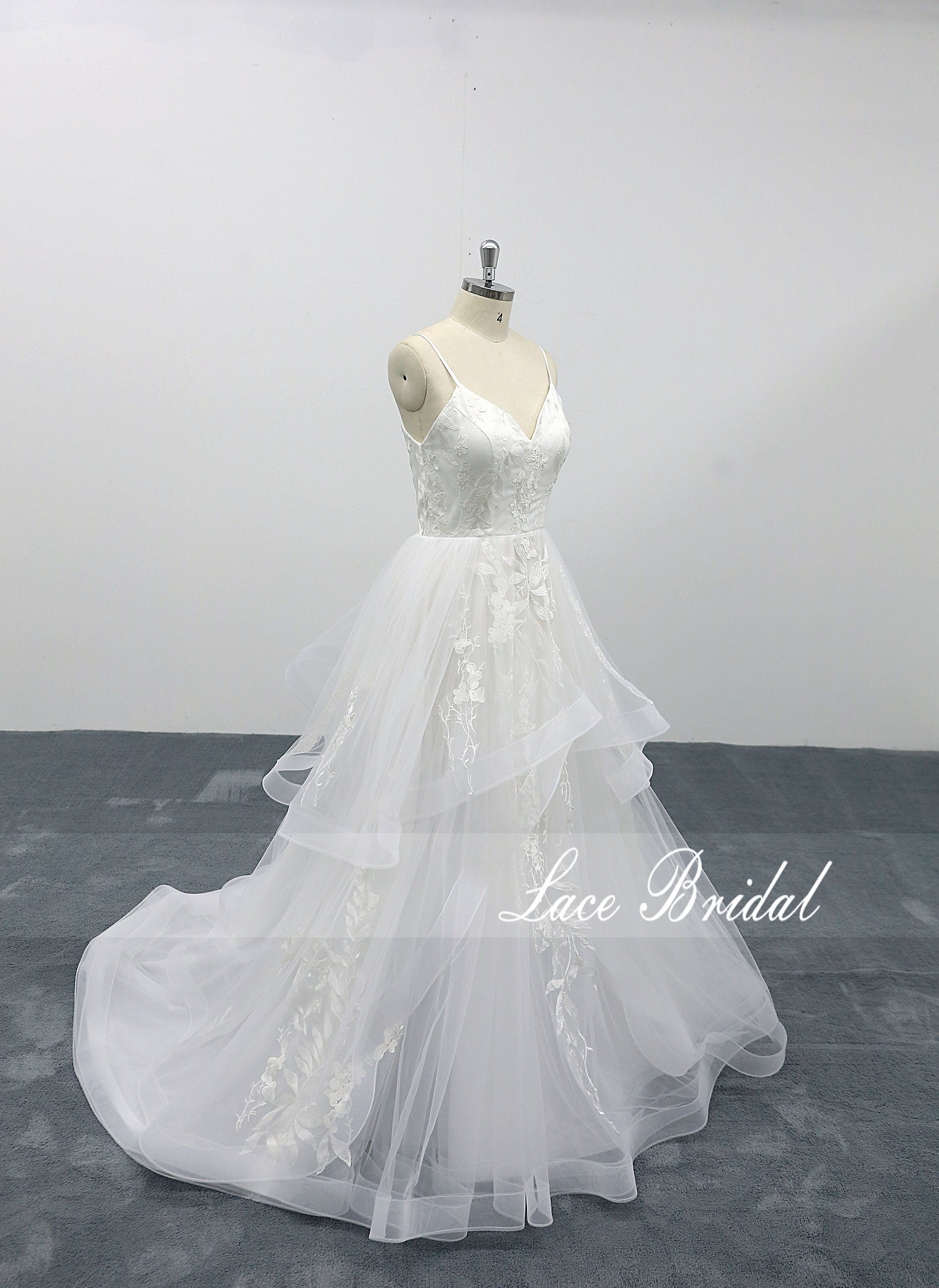 Elegant Lace Wedding Dress With Layered A-line Shape, Thin Straps ...