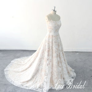 champagne lining-dimensional floral lace wedding dress Church Train Wedding Dress spaghetti strap wedding dress