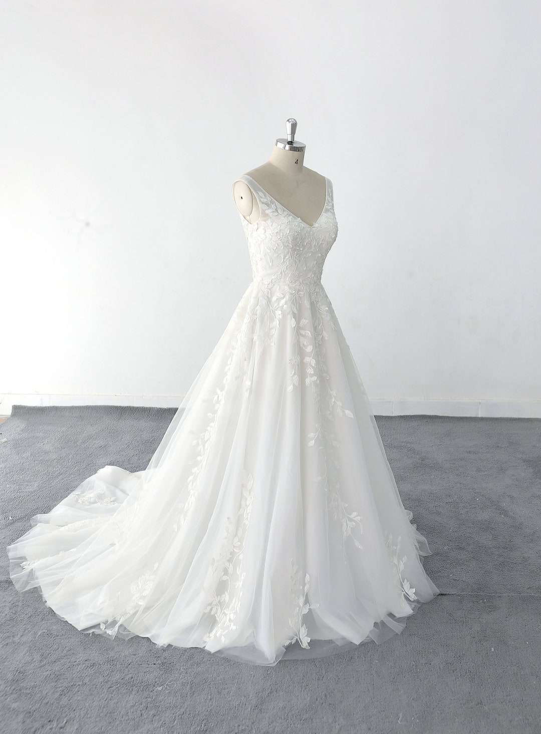 Custom A-Line Wedding Dress, 3D Tree Leaf Lace Bridal Gown Custom A-Line Wedding Dress, 3D Tree Leaf Lace Bridal Gown