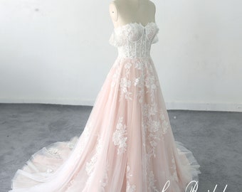 Blush Liner Off-Shoulder Wedding Dress a line wedding dress romantic bridal dress bustier corset with cups