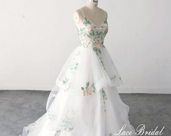 Green Lace Wedding Dress, Floral Tulle A-Line, Custom Bridal Gown