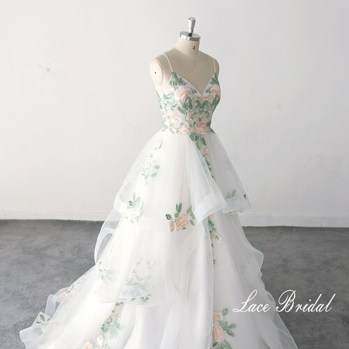 Green Lace Wedding Dress, Floral Tulle A-line, Custom Bridal Gown - Etsy