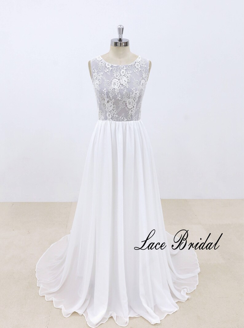 Chiffon Wedding Dress With Dusty Blue Underlay Lace Wedding Etsy