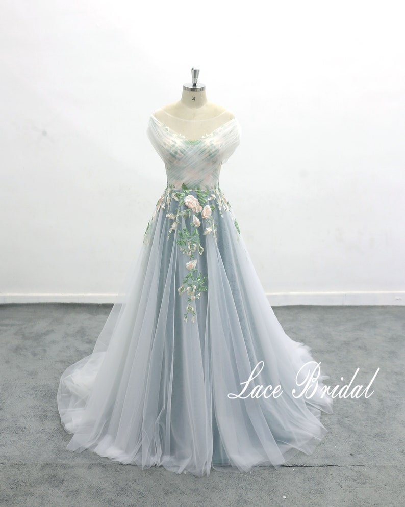 Forest Fairy Wedding Dress, Off Shoulder Sleeve Flowing Wedding Dress Green Lace Wedding Dress Green Lined Wedding Dress image 5