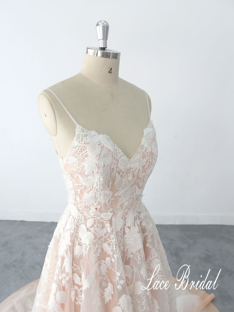 Wedding Dress lace wedding dress V Neckline wedding dress, Wedding Dress with Flora Lace Skirt, Open Back Wedding Dress blush wedding dress image 3