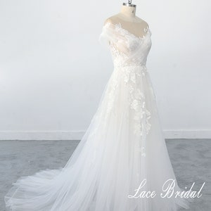 Exquisite off Shoulder Sleeves Wedding Dress, Lace Wedding Dress with Illusion Neckline