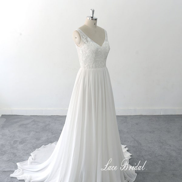Chiffon Wedding Dress Exquisite Lace Wedding Dress V Shape Lace Neckline Wedding Gown Ivory A-line Bridal Gown