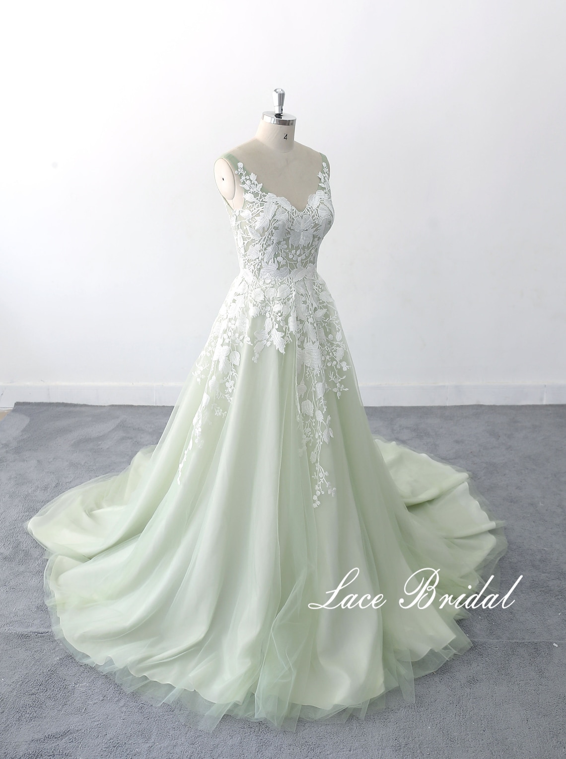 lace wedding dress Sage Green wedding dress Romantic style image 1