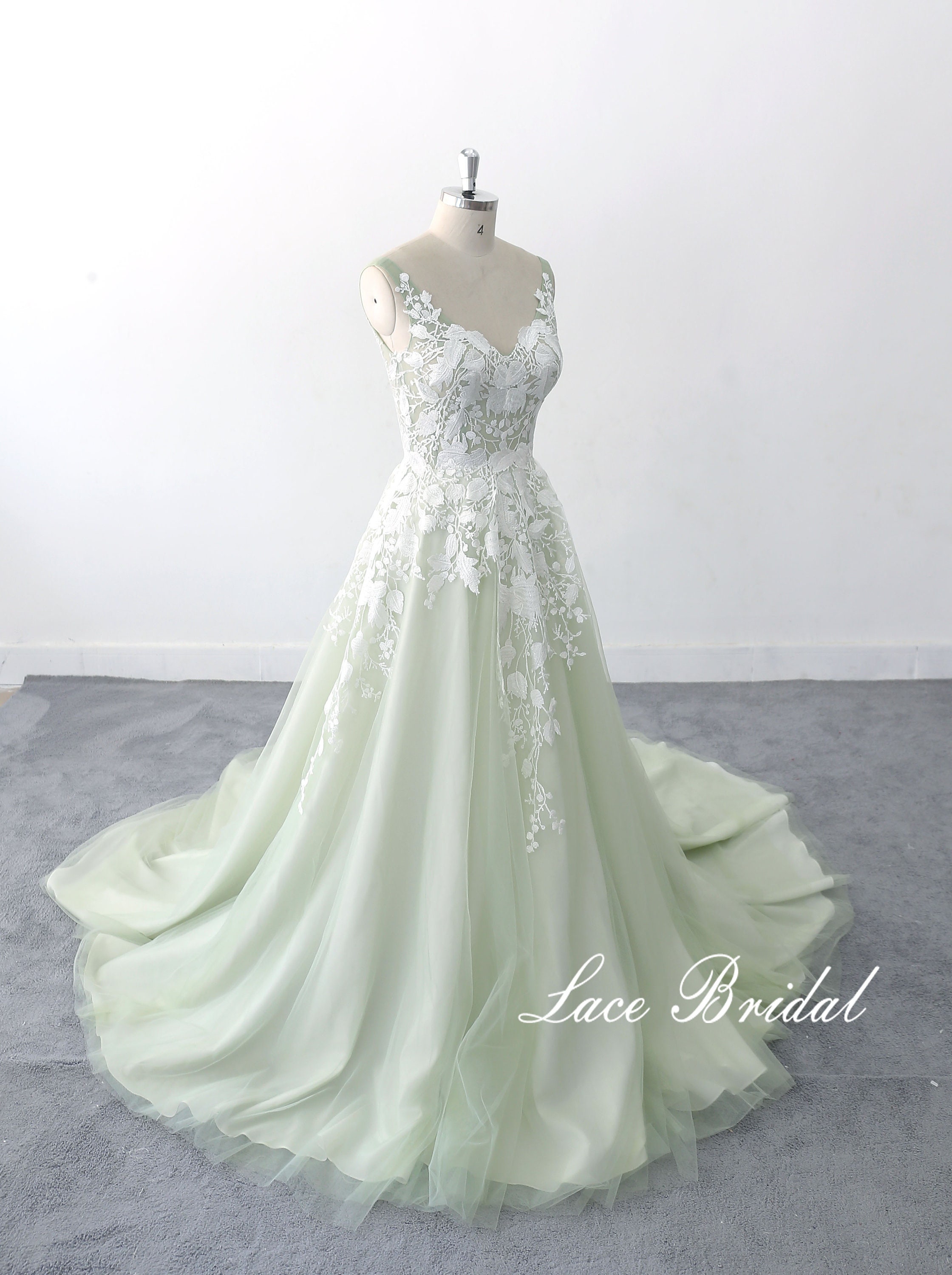 Lace Wedding Dress Sage Green Dress Romantic Style Etsy