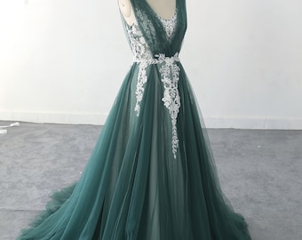 colorful wedding dress lace wedding dress  dark green tulle wedding gown full length delicate dress, ball gown wedding dress