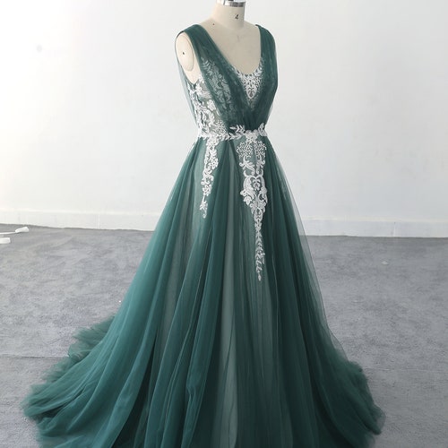Lace Wedding Dress Dark Green Tulle Wedding Gown Ball Gown Etsy