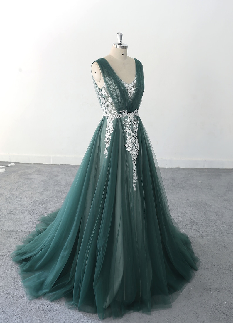 Colorful Wedding Dress Lace Wedding Dress Dark Green Tulle Etsy