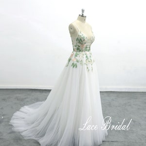 custom wedding dress Forest Fairy Wedding Dress,  Green Lace Wedding V-neck backless sexy wedding dress spaghetti strap wedding dress