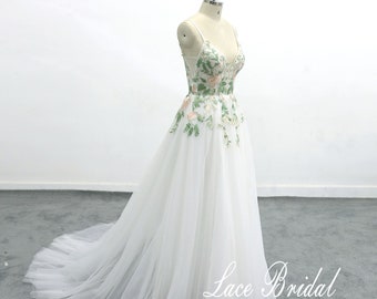 custom wedding dress Forest Fairy Wedding Dress,  Green Lace Wedding V-neck backless sexy wedding dress spaghetti strap wedding dress