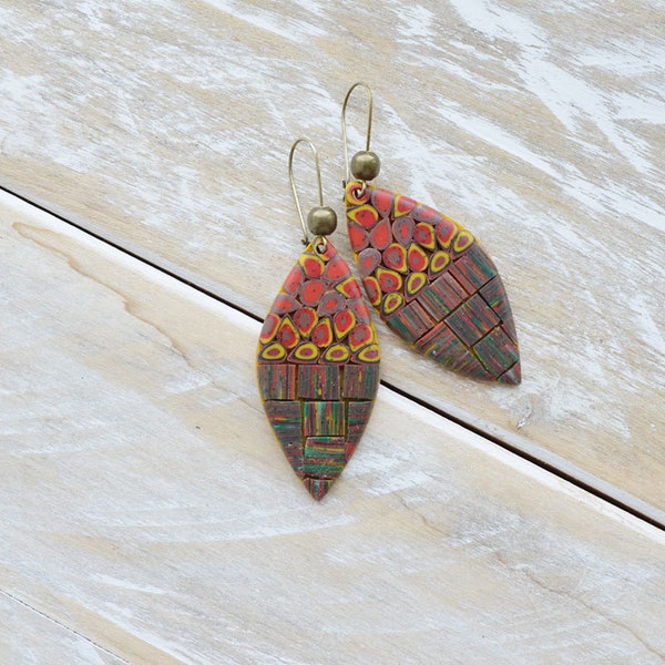 Ombre red yellow earthly leaf dangle earring studs - polymer clay, multicolored, statement, boho, mosaic, romantic, rustic.