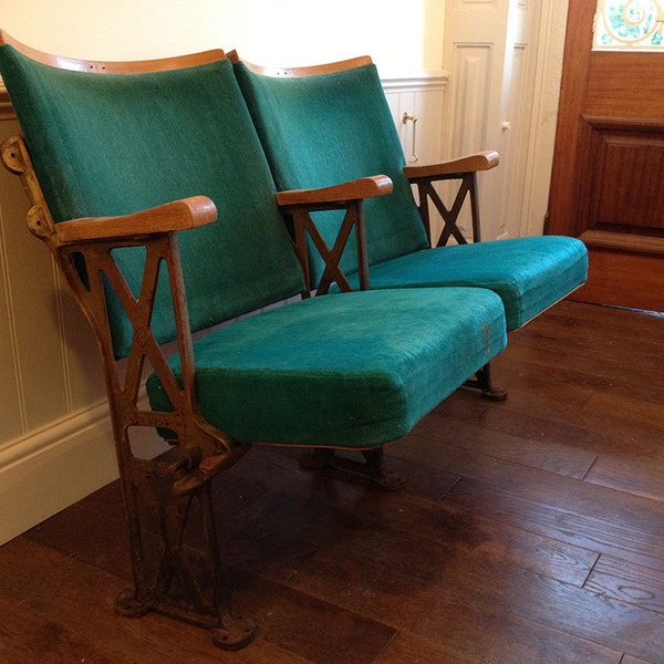Pair of Vintage Wood and Cast Iron Cinema Chairs