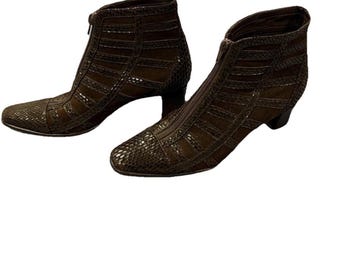 Italian Brown Suede & Snake Embossed Leather Ankle Bootie Women’s Size 7