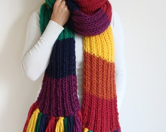 Rainbow knit scarf, giant colorful scarf, huge knitted fringe scarf, jumbo wrap scarf, large winter wool scarf