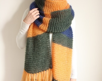 Color block knit mohair scarf with tassels, wide woolen scarf, extra large knitted winter fringe  scarf