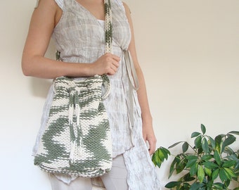 Knit cross body boho bag, knitted cotton rope bag, hand dyed bucket bag
