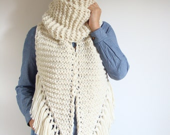 Chunky knit extra large scarf, wide asymmetrical wool scarf, oversized bulky boho scarf, ivory knitted giant winter scarf with tassels