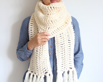 Extra long chunky crochet scarf with tassels,  large soft woolen winter scarf for women