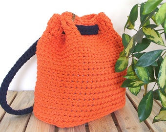 Crochet backpack purse, bucket backpack, cotton rope backpack, custom rucksack with lining, drawstring backpack