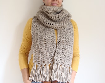 Boho Crochet Scarf: Extra Long Taupe Fringe Wrap