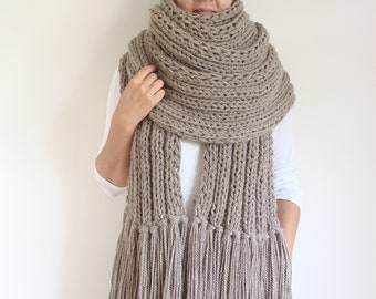 Oversized knit scarf with tassels, huge chunky knitted fringe scarf, giant woolen scarf, jumbo wrap scarf, large winter scarf for women