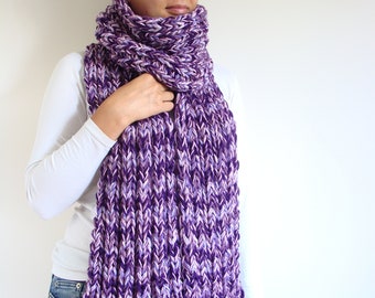 Chunky knit scarf, knitted open ended scarf, large wrap scarf, women's winter scarf, purple melange scarf