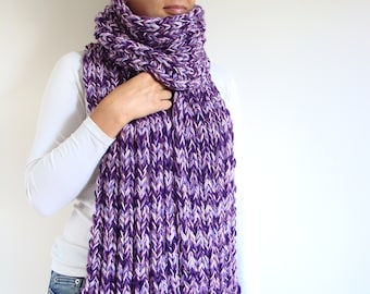 Chunky Knit Scarf: Purple Melange Wool Blend Wrap