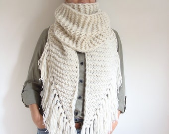 Hand Knitted Asymmetric Scarf: Ivory Fringe Winter Wrap