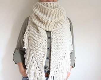 Asymmetric giant knitted scarf, long ivory shawl with tassels, fringe winter wrap scarf, large women's scarf