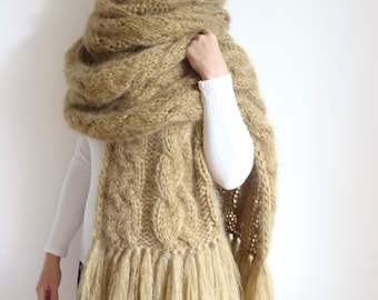 Cable Knit Mohair Scarf with Tassels: Oversized Winter Wrap