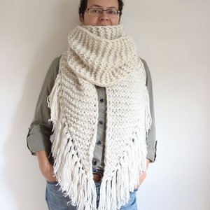 Asymmetric giant knitted scarf, long ivory shawl with tassels, fringe winter wrap scarf, large women's scarf image 1