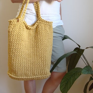 Knit tote bag with pockets, cotton rope bag, knitted beach bag, minimalistic casual handbag