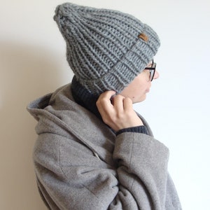 Chunky knit wool beanie hat, long knitted ribbed beanie, double brim fisherman's beanie, winter woolen hat