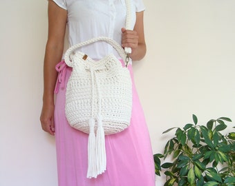 Crochet ivory sack bag with tassels, boho bucket bag, cotton rope bag, custom drawstring bag