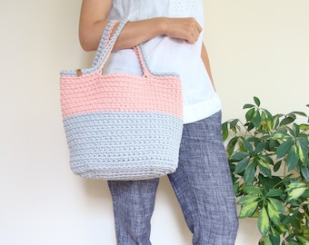 Two color crochet bag, cotton cord basket tote, custom beach bag, basket bag with lining, crochet purse