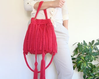 Boho fringe crossbody bag, custom bucket bag, drawstring bag, crochet bag, round cotton rope bag