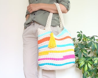 Cotton cord tote bag, striped beach bag, colorful crochet bag, shopper bag with lining and pockets